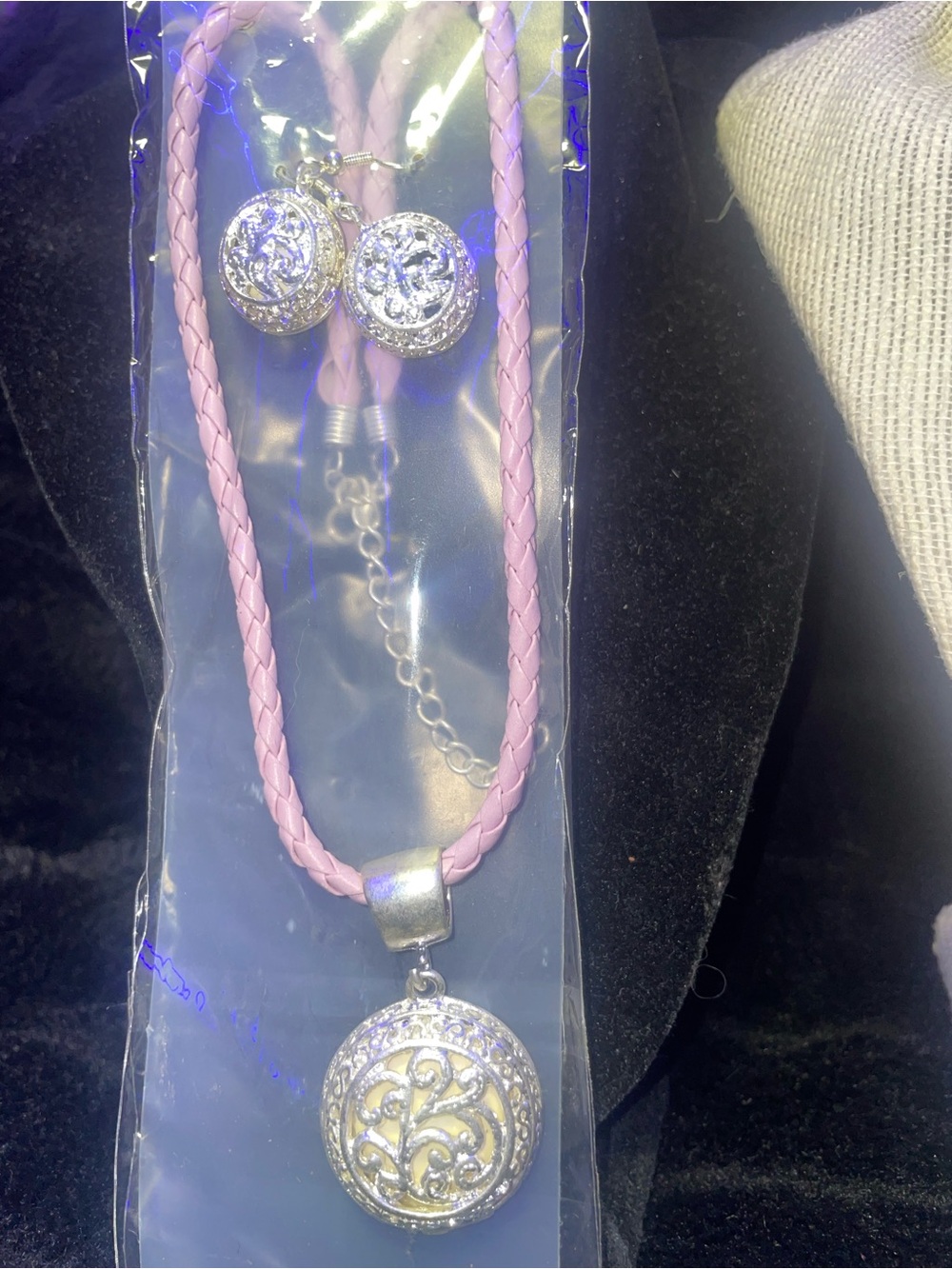 Pink Braided Cord Necklace and Filigree Pendant Earring Set
